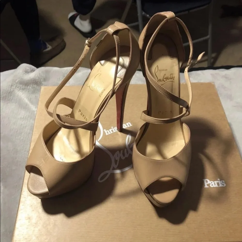 Christian Louboutin Nude Beige Platform Peep-Toe Ankle Strap Pumps